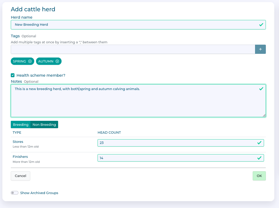 Completed add herd dialogue