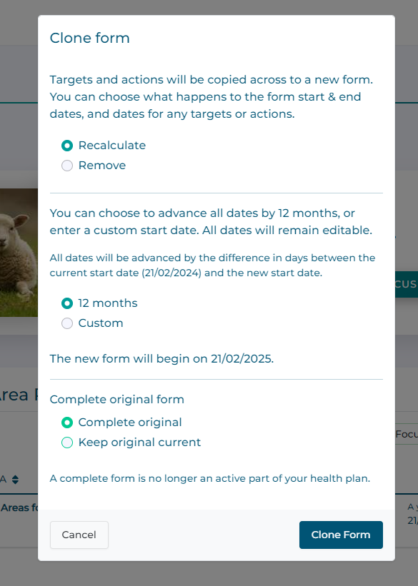 Select clone options for a form