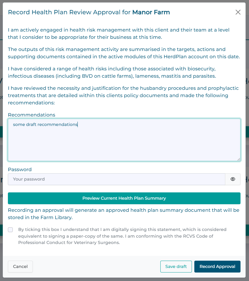 Save Health Plan Approval as draft